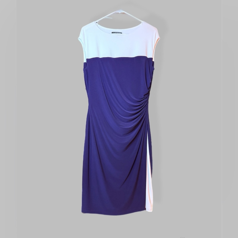 Lauren Ralph Lauren Navy/White Colorblock White Sheath Midi Sleeveless Dress 10